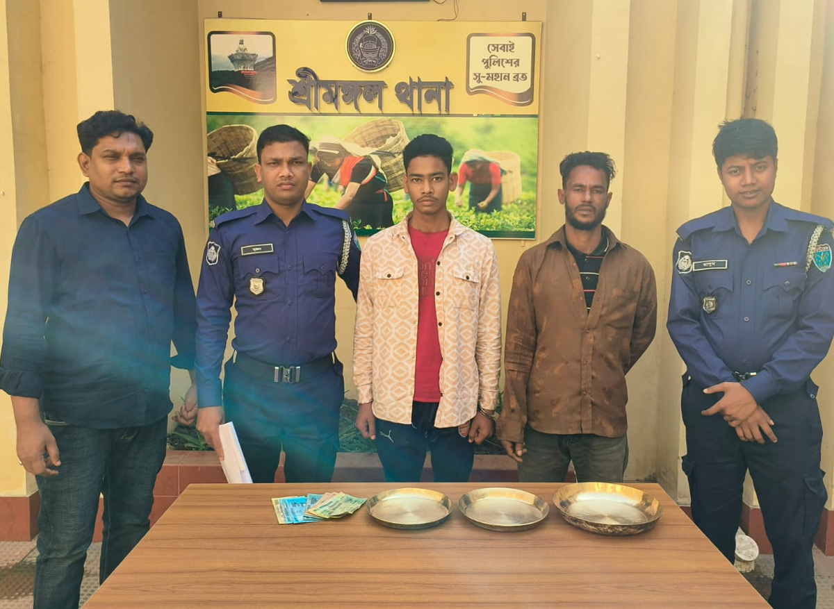 Stolen goods recovered from Shashman Kali temple in Srimangal, 2 arrested