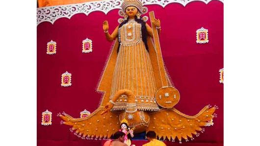 Worship of 21-foot tall Saraswati idol made of rice in Srimangal