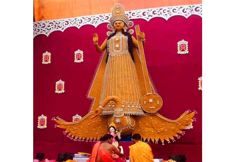 Worship of 21-foot tall Saraswati idol made of rice in Srimangal